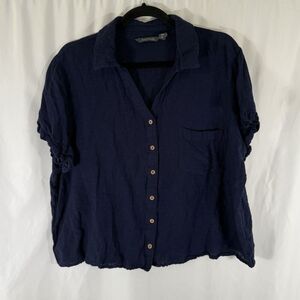 Any Body Blouse Women's 1X Blue Button Up Short Sleeve Cotton Linen Blend Solid